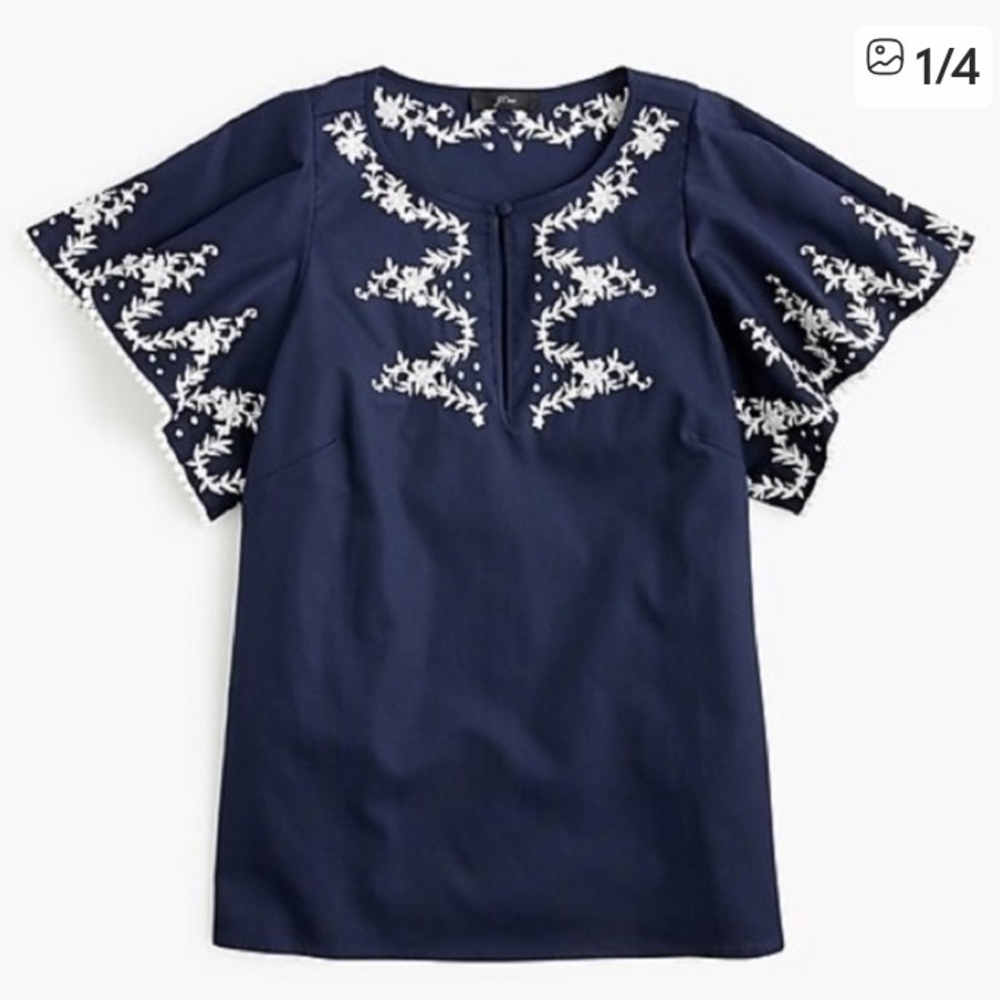 J. Crew Navy Blue And White Embroidered Women's Top